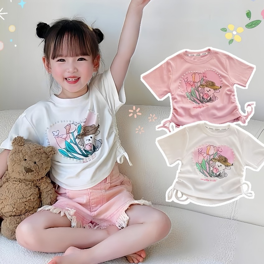 2-12 ปี เสื้อยืดเด็กผู้หญิง คอกลม แขนสั้น สไตล์เกาหลี ประดับมุก แบบผูกเชือก ผ้านิ่มเด้งใส่สบาย สําหรับเด็กผู้หญิง