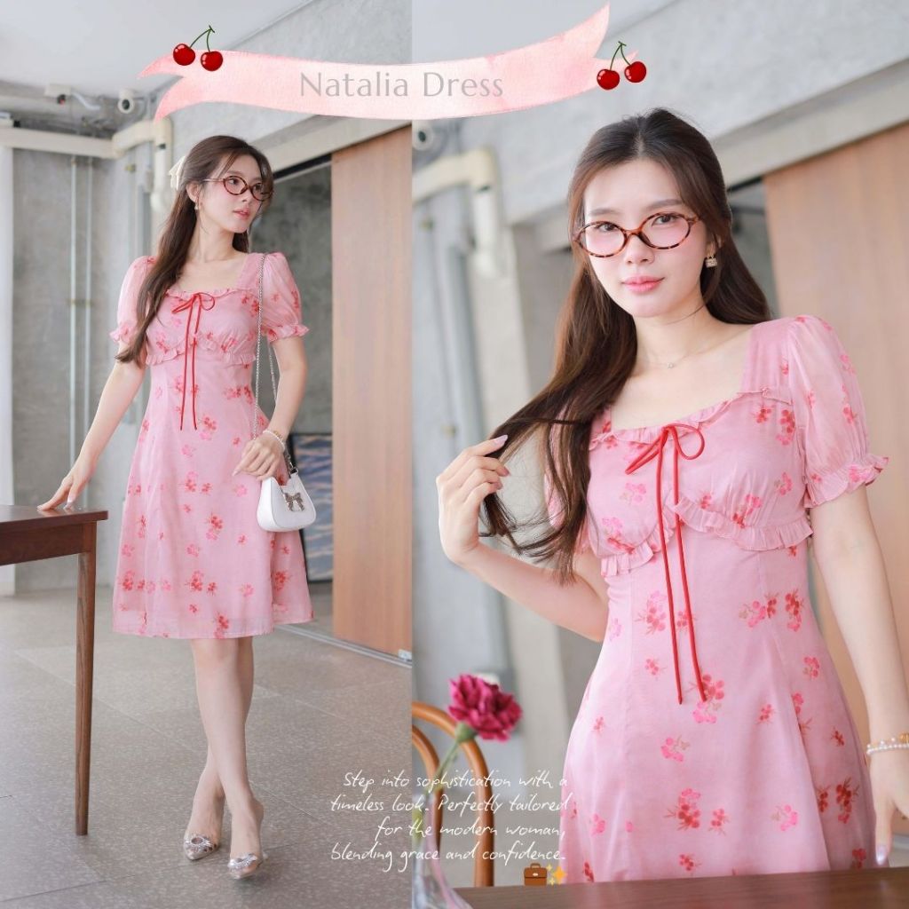 Romi"Oil" Natalia Dress K130 ชุดเดรสสีชมพู (แต่งระบายหน้าผูกโบว์คอ)
