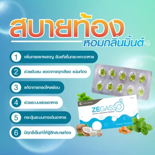 Ze-Gasso แก้กรดไหลย้อน จุกเสียด ท้องอืด ขับลม ช่วยย่อย สมุนไพรแท้ ขมิ้นชัน กระเทียม สเปียร์มิ้นต์ 2 แผง 20 แคปซูล