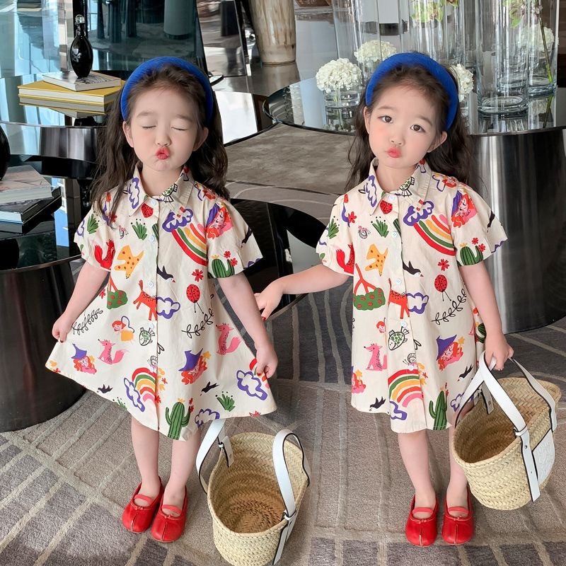 1-9 ปี ชุดเดรสเด็กผู้หญิ เดรสกระโปรงลายการ์ตูน ชุดเดรส ลายกราฟฟิตี สำหรับเด็กผู้หญิง สไตล์เกาหลี