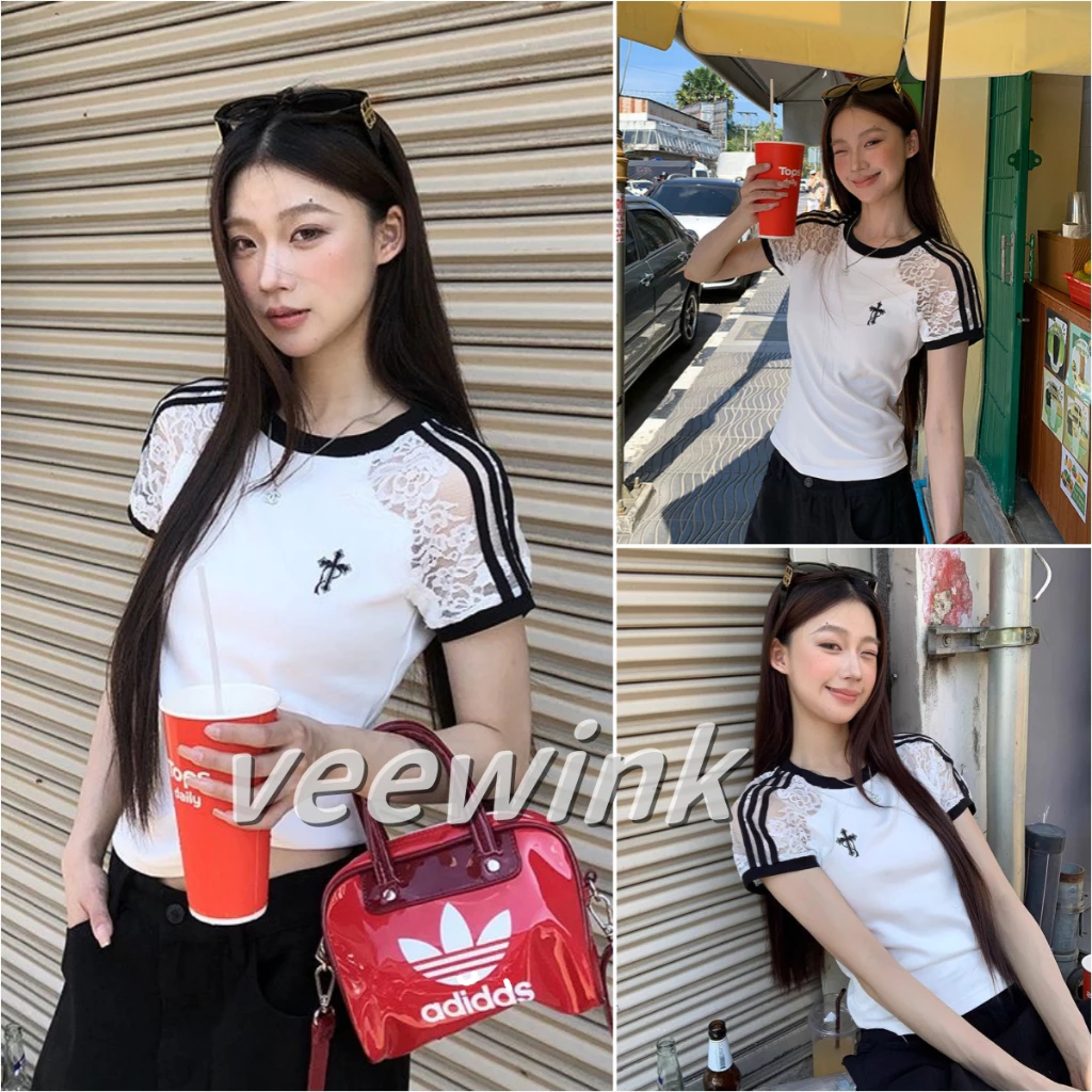 Veewink พร้อมส่งจากกทม เสื้อลูกไม้สีขาวงานปักไม้กางเขน เสื้อยืดสั้นแขนขุดแฟชั่น ผ้านิ่ม สไตล์เกาหลี สินค้านำเข้า