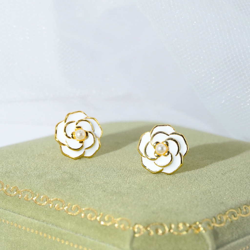 nnjew ต่างหูเงินแท้ 92.5% (ทั้งตัวเรือน) รุ่น Pearl Rose ไข่มุก ทรง กุหลาบ ผู้หญิง