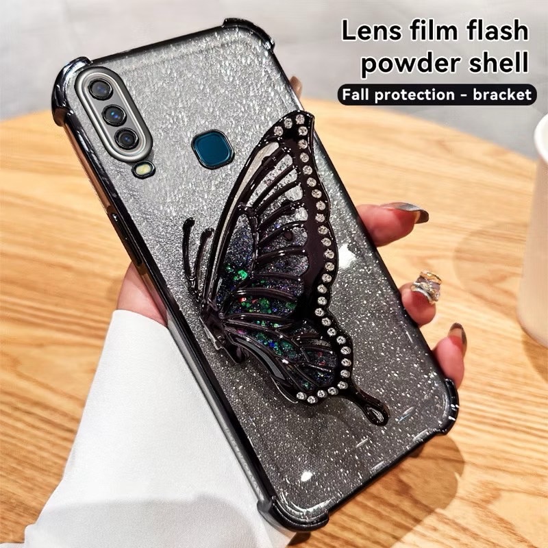 เคสโทรศัพท์ สำหรับรุ่น vivo y11 y12 y15 y17 เคส กันกระแทกมุม ป้องกันกล้อง ผีเสื้อ กริตเตอร์ น่ารัก ตั้งได้