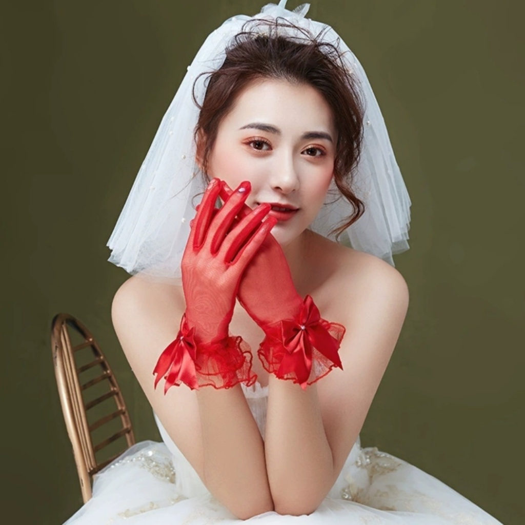 ถุงมือสั้นถุงมือเจ้าสาวมีโบว์สีแดงST0512