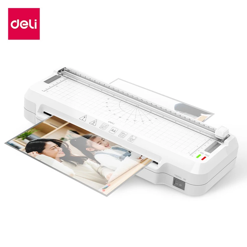 Deli เครื่องเคลือบ เครื่องเคลือบบัตร A4 3in1 ที่ตัดกระดาษ3แบบ และที่เจาะรู รุ่นภาษาอังกฤษ Laminator