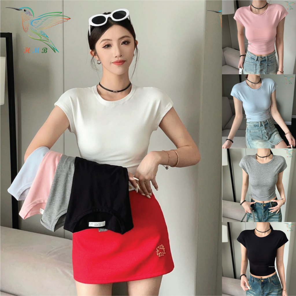 HMB® เสื้อยืดครอป คอกลม แขนเต่อ M-2XL ผ้าคอตตอนผสมสแปนเด็กซ์ เนื้อผ้านิ่ม ดีไซน์ทรงสวย สไตล์สาวเกหลี