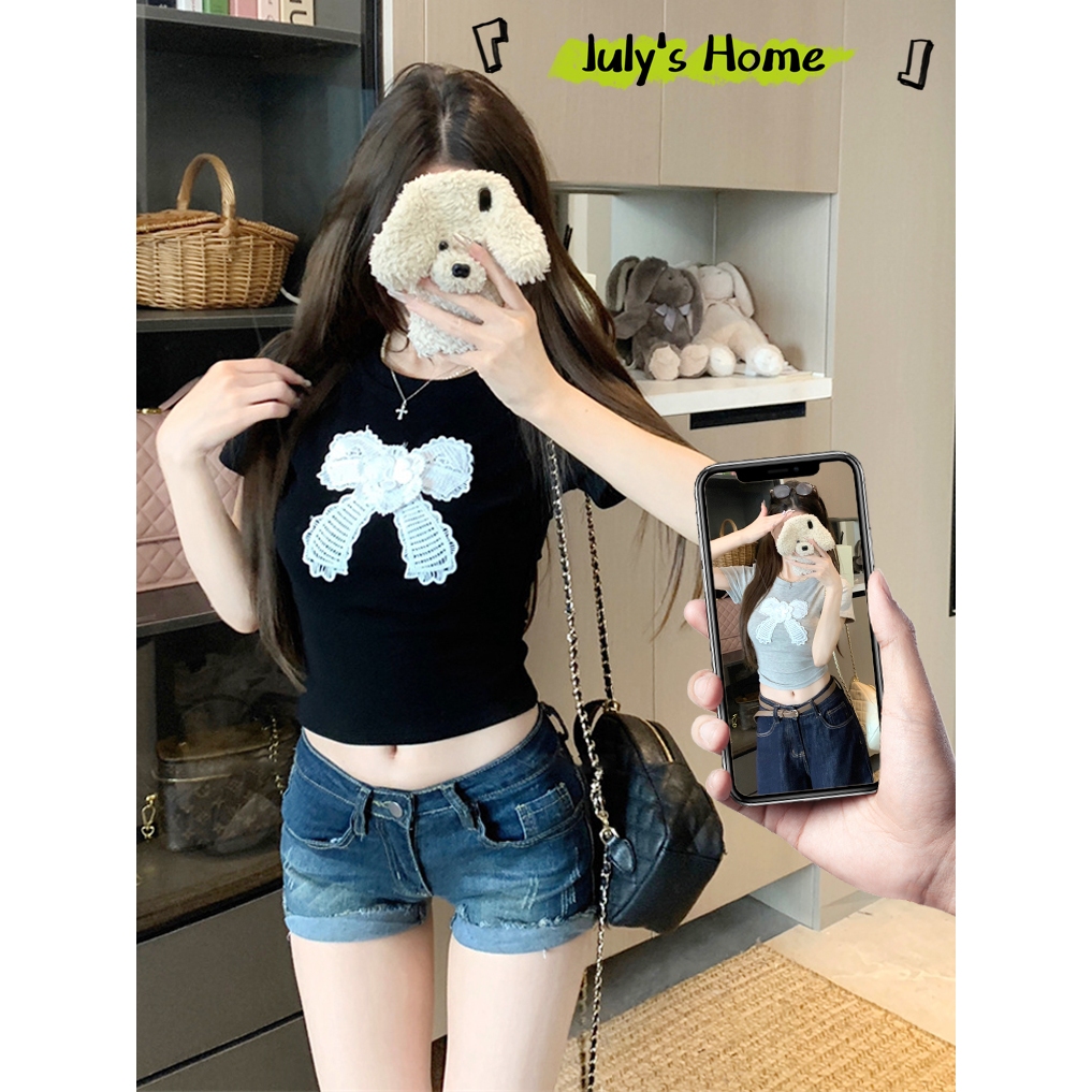 เสื้อยืดเเขนสั้น เสื้อคลอป ผ้าใส่สบาย เอวลอย เเต่งโบว์#J2309