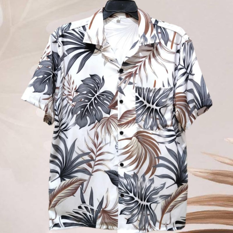 เสื้อเชิ้ตฮาวาย ลายใบไม้เทาน้ำตาล (พื้นสีขาว) ผ้าไหมอิตาลี