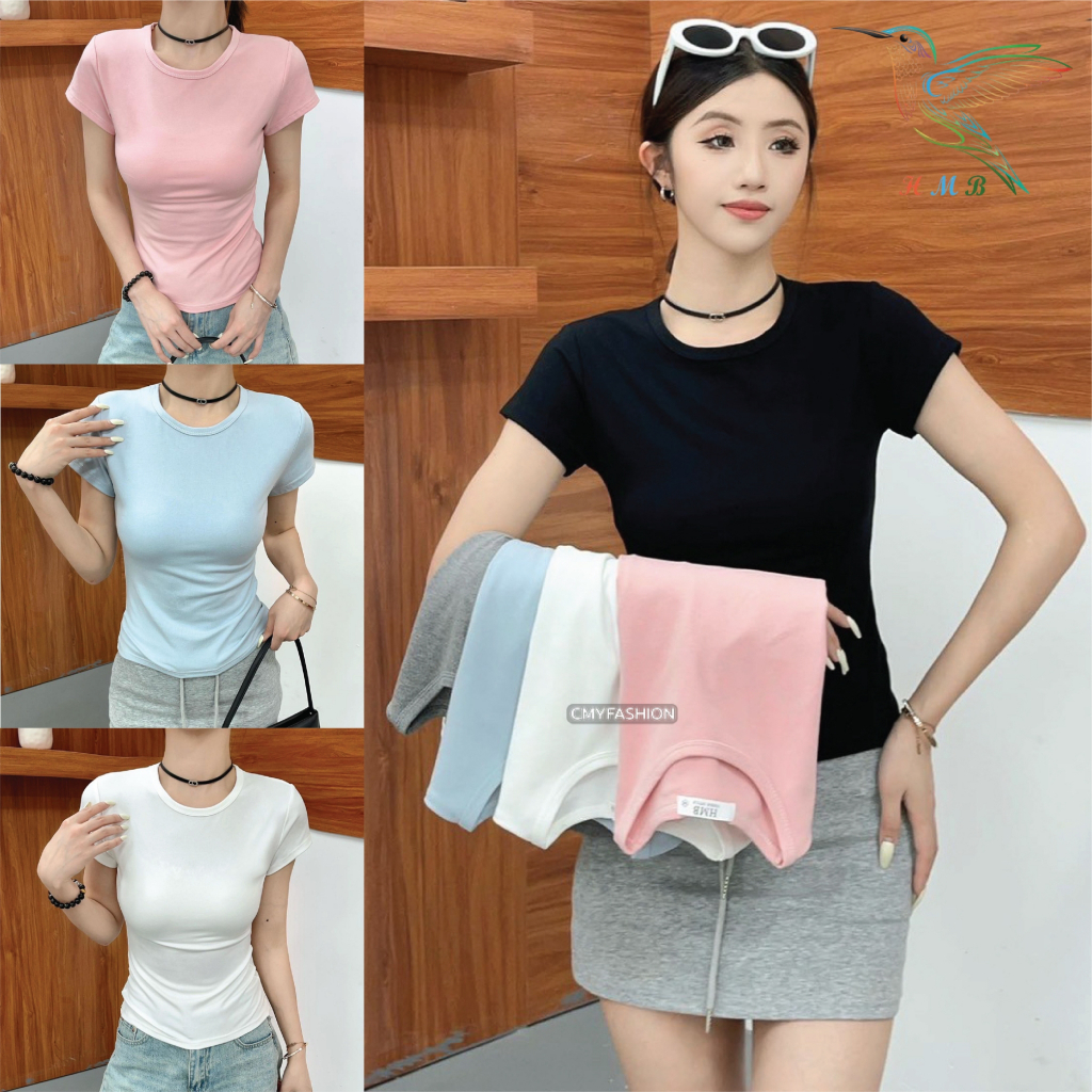 HMB® เสื้อยืด คอกลม แขนสั้น M-2XL ทรงเข้ารูป ผ้าคอตตอนผสมสเปนเด็กช์ เนื้อผ้านิ่ม สไตล์แฟชั่น t320#