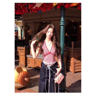 STR💗พร้อมส่ง💗เสื้อคล้องคอ เสื้อครอปลายสก๊อตแต่งลูกไม้ ผูกโบว์ใหญ่ด้านหลังสม็อคหลังแหวกหน้า น่ารักแซ่บๆ สไตล์เกาหลีY2K