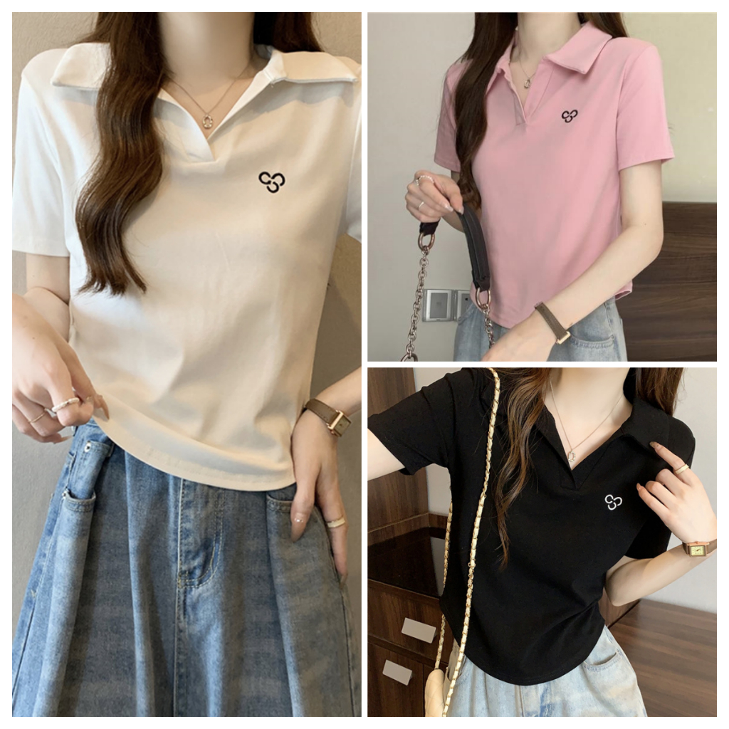 เสื้อยืดผู้หญิงคอวีคอ Polo ผ้าฝ้ายลายริ้ว สไตล์ฝรั่งเศส เข้ารูป เสื้อสั้น