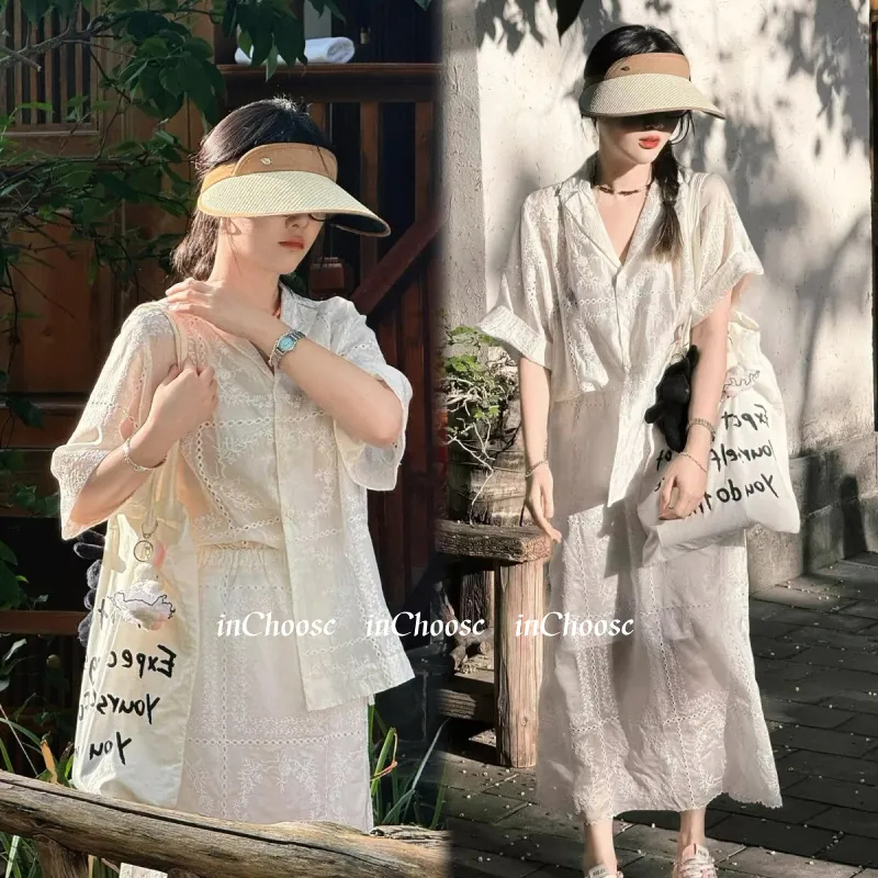 inChoose ชุดเสื้อเบลาส์แขนสั้นปักลูกไม้สไตล์ย้อนยุคสไตล์เกาหลีฤดูร้อน+กระโปรงผู้หญิง