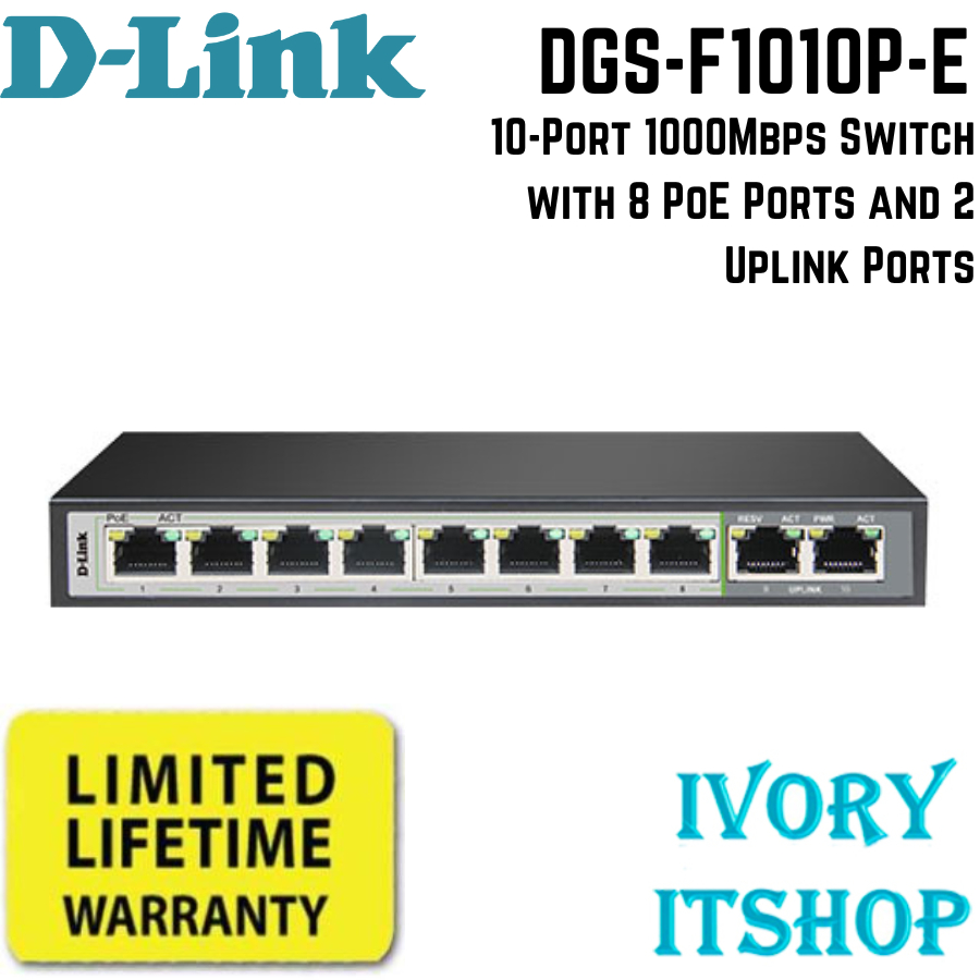 D-Link DGS-F1010P-E 10-Port 1000Mbps Switch with 8 PoE Ports and 2 Uplink Ports