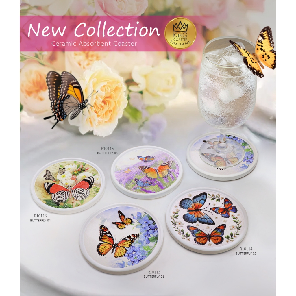 ที่รองแก้วซับน้ำ King Coaster จานรองแก้วดูดน้ำ ลายผีเสื้อ Butterfly ceramic coaster ของฝาก