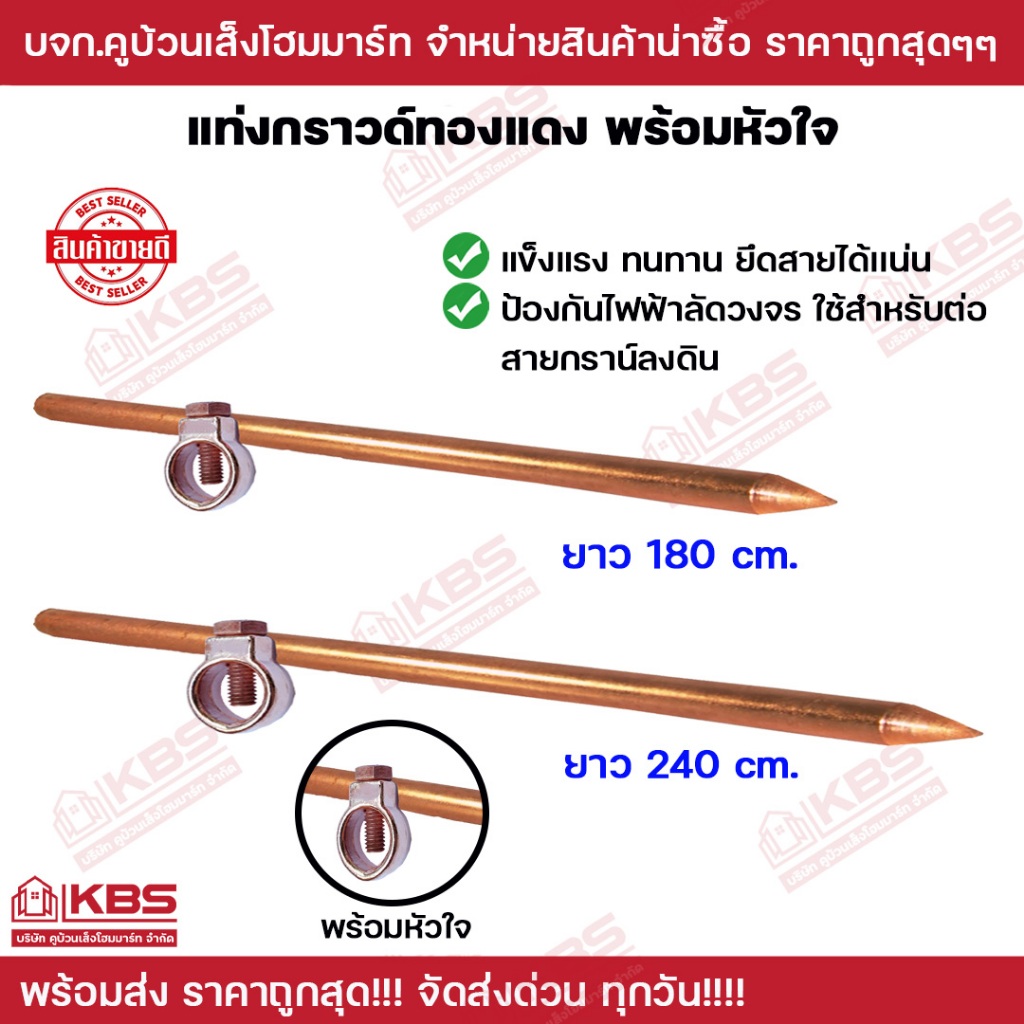 แท่งกราวด์ทองแดง แท่งกราวด์ลงดิน 180ซม. 240ซม.พร้อมส่ง ราคาถูกสุด!!!