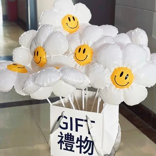 5 สี 42CMX42CM ลูกโป่งเดซี่(กับเสา)ลูกโป่งฟิล์มอลูมิเนียม รูปดอกเดซี่ยิ้ม สีขาว ลูกโป่งดอกไม้ เป่าง่าย ไม่ต้องประกอบ