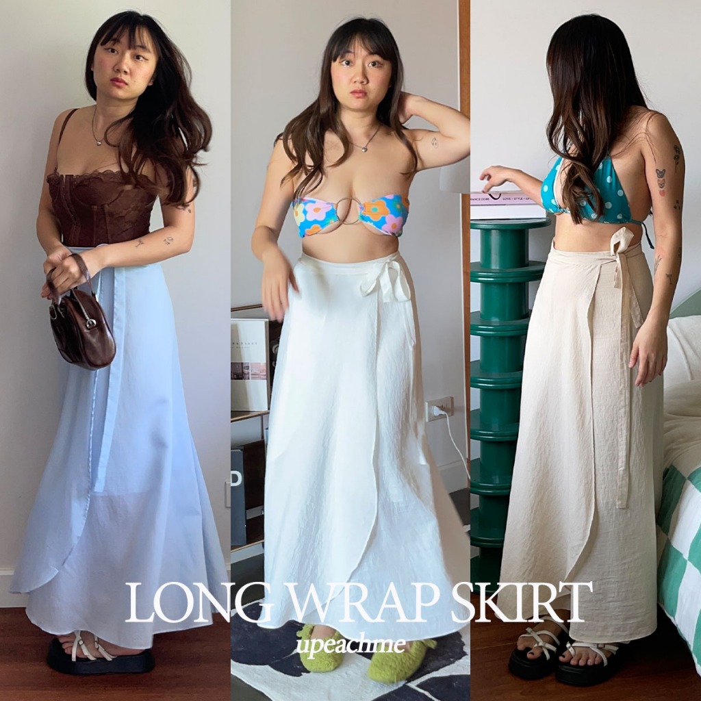 upeachme(A10) Long wrap skirt (Linen) กระโปรงป้ายยาวผูกโบว์ข้าง กระโปรงยาวผ้าลินินฟรีไซส์ กระโปรงยาวผูกเชือก