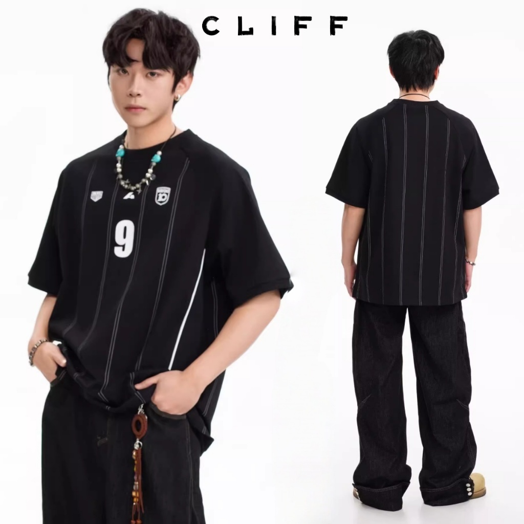 CLIFF เสื้อยืดแขนสั้น การออกแบบลายทาง พิมพ์ลาย สไตล์สตรีท แฟชั่นเรียบง่าย