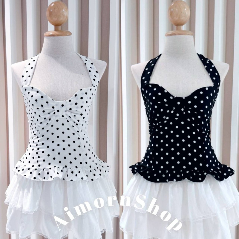 🔥aimorn_shop🔥เสื้อคล้องคอ ✅รวมลายจุดหลากหลาย✅ผูกโบว์หลัง แต่งปลายระบาย น่ารักมาก ทรงสวยสุดๆ