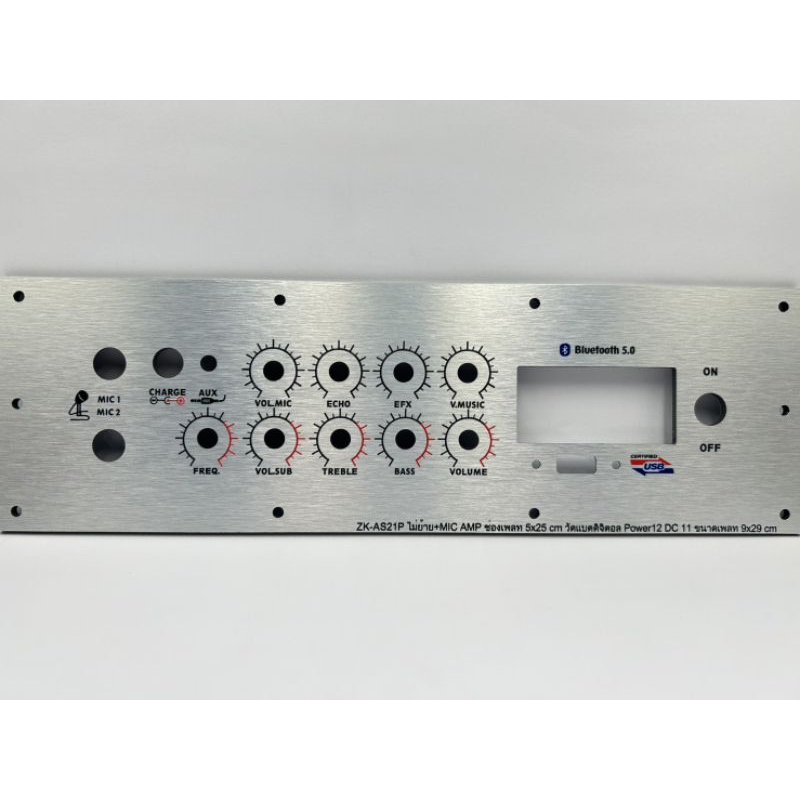 เพลทลำโพงบลูทูธZK-AS21P ไม่ย้าย+MIC AMP วัสดุคอมโพสิต ช่องเพลท5x25cm.วัดแบตดิจิตอล สวิตซ์ 12มิล DC 1
