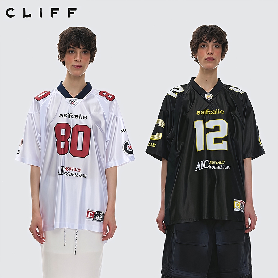 CLIFF เสื้อยืดแขนสั้น คอวี พิมพ์ลายแฟชั่น เสื้อกีฬา แบบหลวมลำลอง