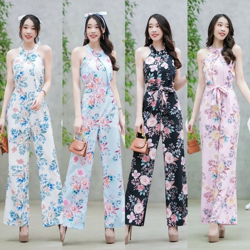 TT20359 Jumpsuit ทรงคว้านไหล่ ลายดอกไม้ โบว์