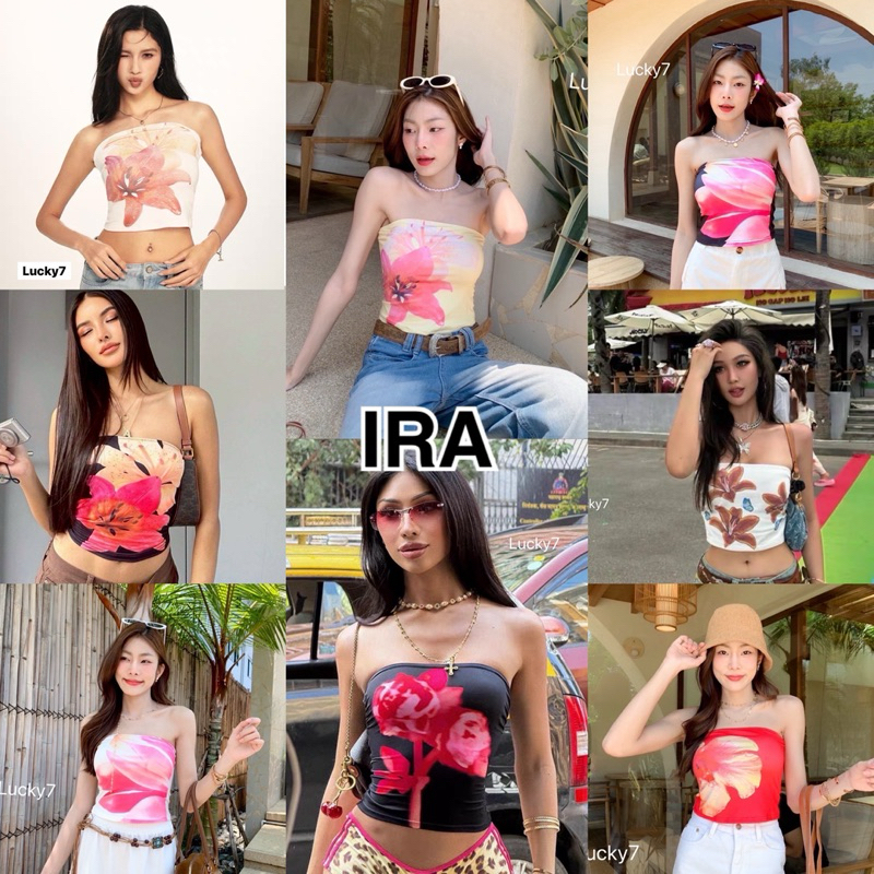 BY IRA (23219) เสื้อเกาะอกเซ็กซี่ พิมพ์ลายดอกไม้ แฟชั่นฤดูร้อน สายฝอคือห้ามพลาด แซ่บมาก!!