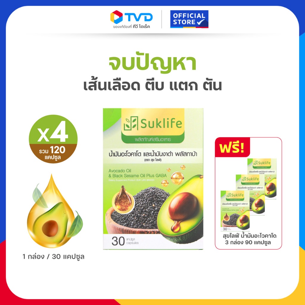 TV Direct - [4 แถม 3] สุขไลฟ์ น้ำมันอะโวคาโด งาดำ และกาบา ลดคอเลสเตอรอล บำรุงกระดูกและข้อต่อ