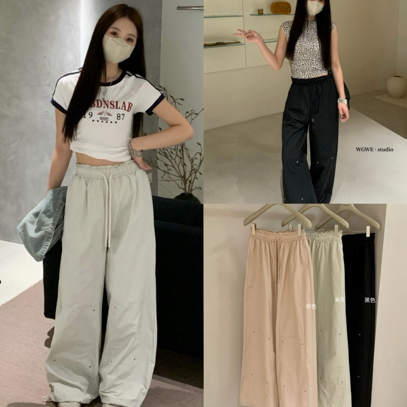 5591# กางเกงขายาว เอวยางยืด มีกระเป๋าล้วงข้าง ปลายขามีเชือกรูด เนื้อผ้าดี งานสวย TAG:WG.WE 🇰🇷