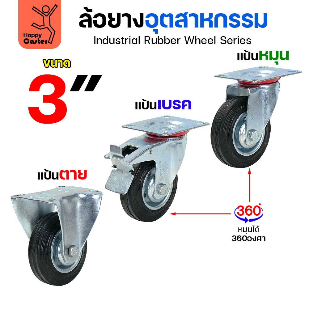 ล้อยาง กระทะเหล็ก รหัส CM01 ขนาด3นิ้ว มีลูกปืนทั้งคอและล้อ แป้นตาย/แป้นหมุน/แป้นหมุน+เบรค พร้อมส่ง