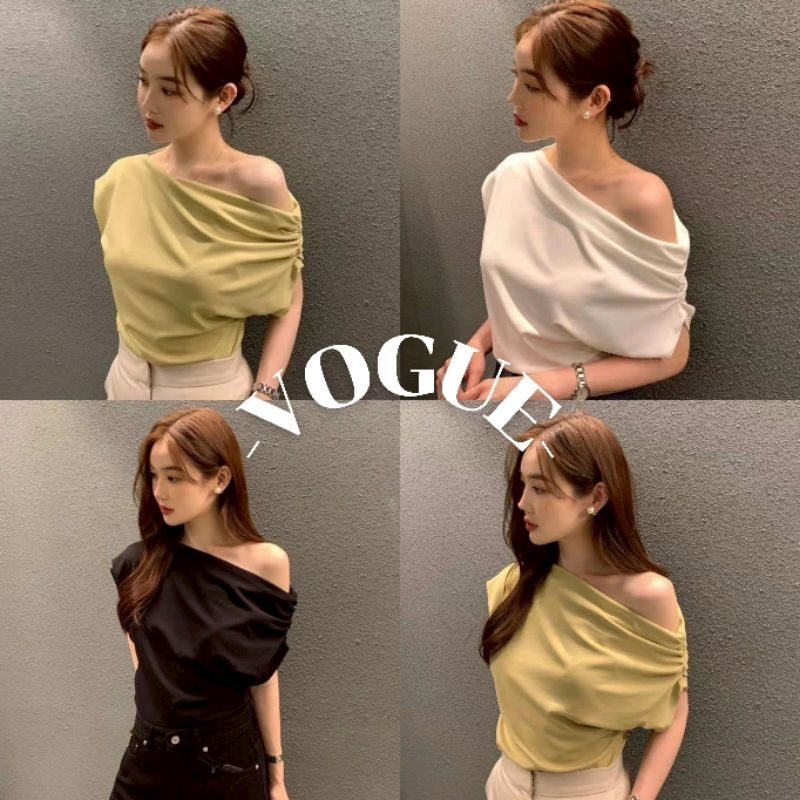 Vogue🌟พร้อมส่ง🌟 เสื้อเปิดไหล่แขนสั้น เรียบหรูสไตล์มินิมอล (FYP13)