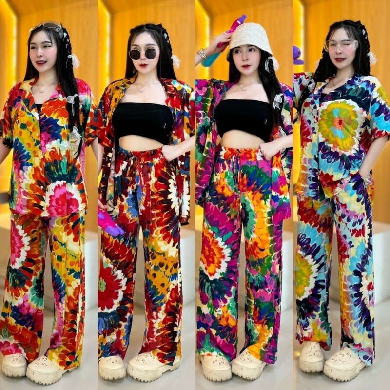 TT20552 Set 2 ชิ้น เสื้อปกฮาวาย มัดย้อม  กางเกงขายาวมัดย้อม เสื้อสงกรานต์