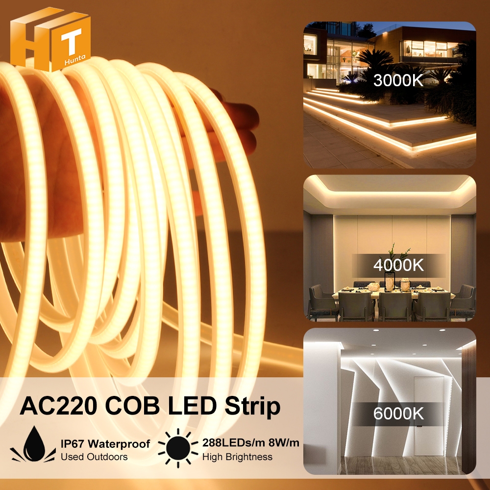 220V LEDไฟเส้น COB แถบไฟ 3 สี ความหนาแน่นสูง ยืดหยุ่น IP67กันน้ำ ไฟแต่งสวน ไฟติดห้อง เปลี่ยนฟรี พร้อมปลั้ก 288LEDS