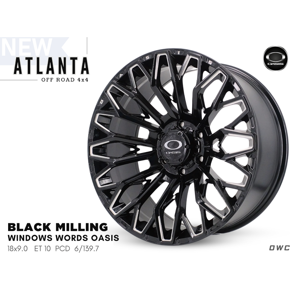 ล้อแม็ก Oasis ATLANTA ขอบ 18x9.0 ET10 PCD 6x139.7 สีดำตัดขอบเงา พร้อมโลโก้ OASIS | ลายใหม่ 4x4
