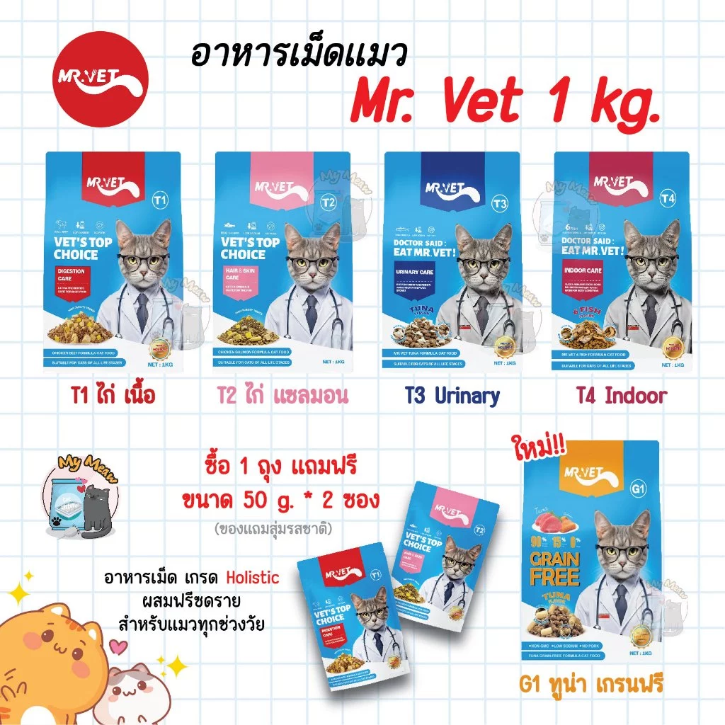 🔥 แถม 50 g. * 2 ซอง 🔥 Mr. VET 1 kg. อาหารแมว Holistic ผสมฟรีซดราย สำหรับแมวทุกวัย ไก่ แซลมอน บำรุงขน