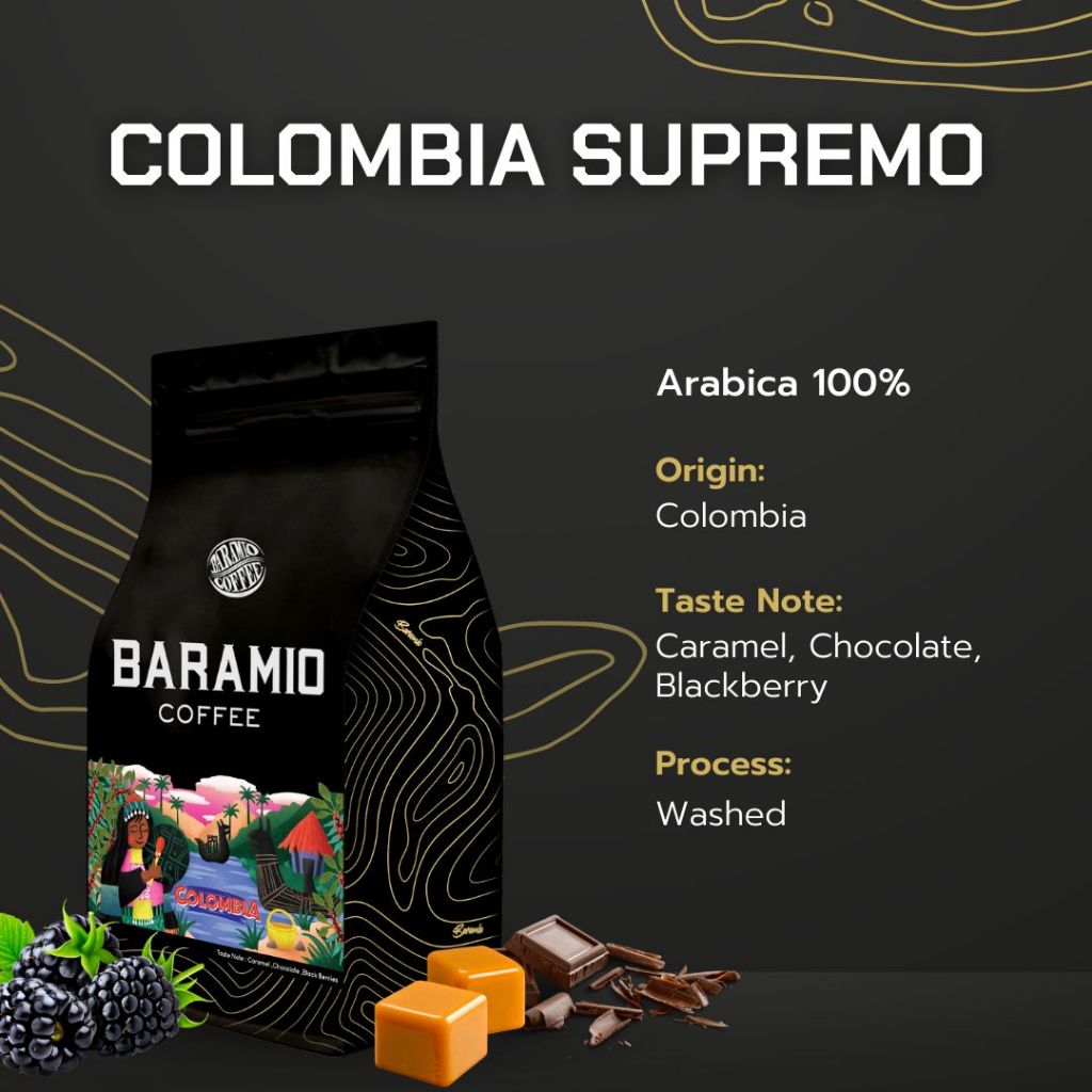 Baramio ເມັດກາເຟ Colombia Supremo (Arabica 100%) 200 g - 1 Kg ລົດຊາດນຸ່ມເຂັ້ມ