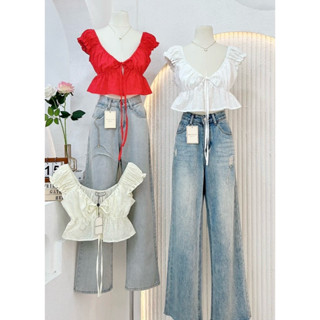 NN669 เสื้อครอปแขนตุ๊กตาผูกโบว์อก ผ้าปักฉลุ Peekanong🌷