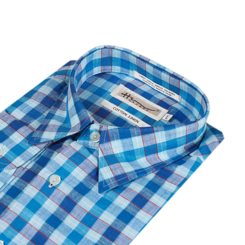 Hazard เสื้อเชิ้ตทำงานแขนยาวลายสก็อต Linen(ลินิน) สีฟ้า