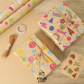 【1 แผ่น】* กระดาษห่อของขวัญคราฟท์ลาย Happy Birthday สีสัน Col…