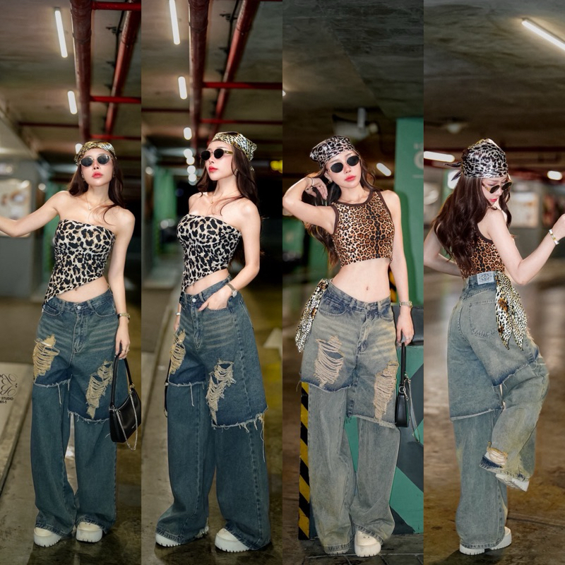 8161 กางเกงยีนส์ทรงกระบอก ตัดแต่งผ้ายีนส์2ชั้นแต่งขาดๆเซอร์ๆ เท่ๆ