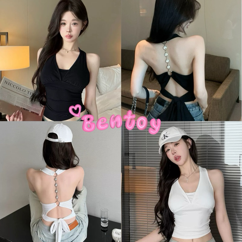 Bentoy(bratop2636)เสื้อยืดคล้องคอ  ผูกโบว์ข้างหลัง แถมสายเพชรหล้องหลัง รัดหุ่น เซ็กซี่ เท่ๆ ฟองน้ำในตัว
