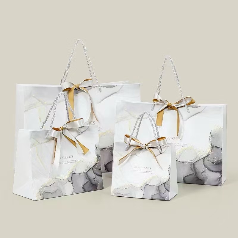 💐DIY💐 ถุงของขวัญ ลายหินอ่อน BEST WISHES ริบบิ้นสีทอง หูหิ้วเชือกสีเทา ระดับไฮเอนด์ ใส่ของชำร่วย ถุงกระดาษ ใส่ของรับไหว้