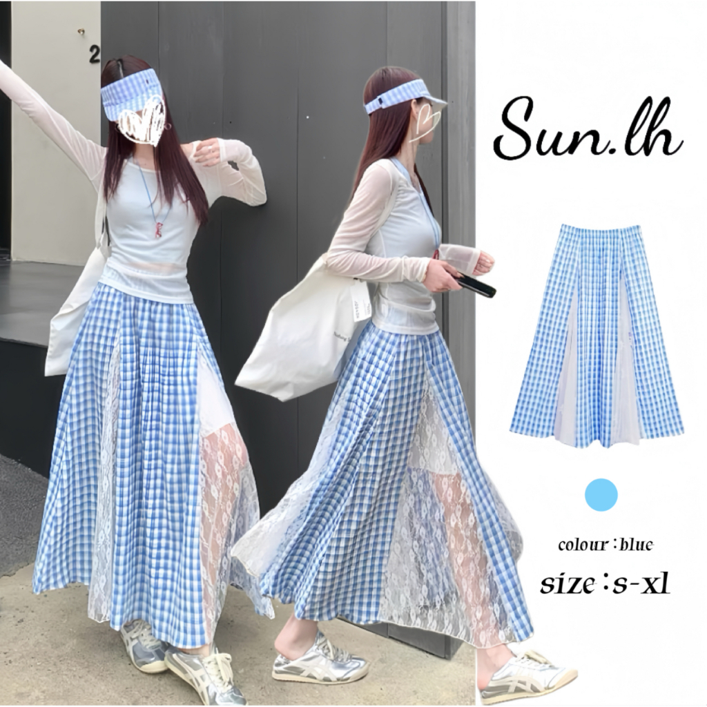 SUN🛍️พร้อมส่ง🛍️ กระโปรงลายสก็อตสีฟ้าเกาหลี กระโปรงยาวผ้าลูกไม้ สไตล์วันหยุด