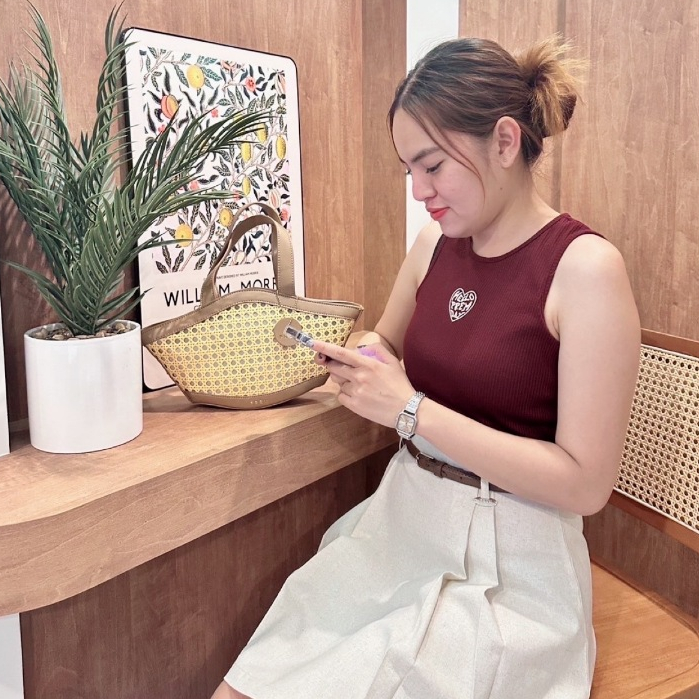 -`♡´- เสื้อกล้ามปักลายหัวใจ ผ้าร่องยืด ทรงครอป #385 -`♡´-