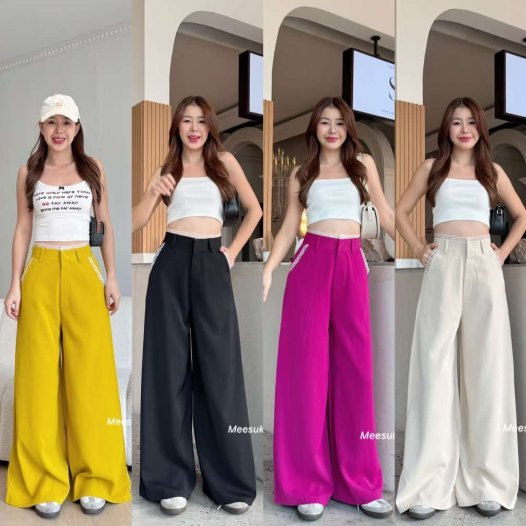 กางเกงเอวสูงขากว้างเเต่งลูกไม้ขาวเอวเเละเป๋าผ้าลิลลี่41-42“
