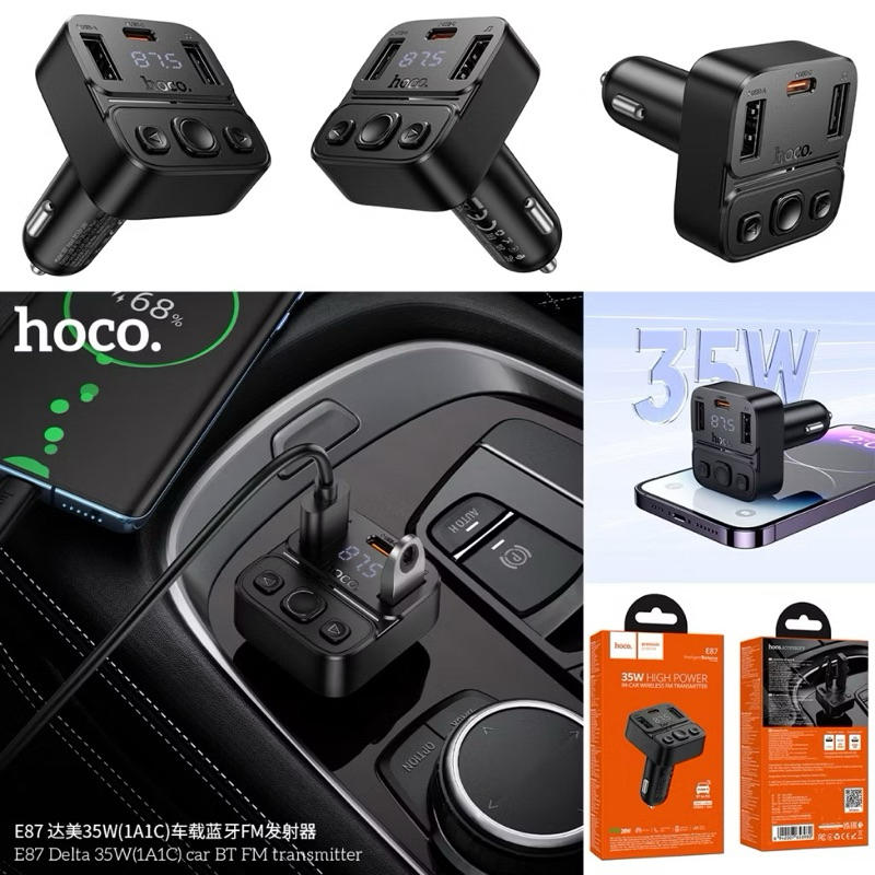 ที่ชาร์จในรถยนต์ 2in1 HOCO E87 บลูทูธ 5.4 Fast charging PD20W 15W รองรับการโทรได้ จอดิจิตอล LED