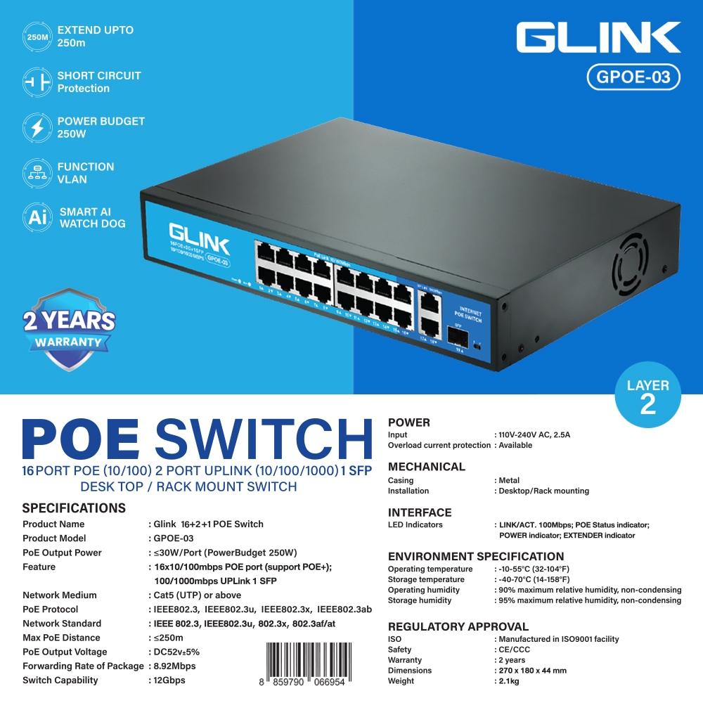Glink GPOE-03 POE Switch 16Port POE 10/100+2Port Uplink 10/100/1000Mbps+1*SFP