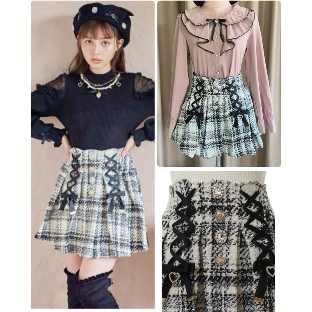 กระโปรงกางเกง แบรนด์  Lizlisa มือ 1 ของใหม่ สีดำลาย ไม่ติดป้ายแบรนด์ ประดับริบบิ้นไขว้ หัวใจ แบรนด์ญ