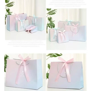 💐DIY💐ถุงกระดาษ ถุงของขวัญ โทนสีผสมชมพู-ฟ้า พร้อมโบว์ผูก S M L XL