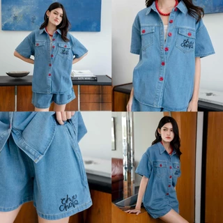 CHUUCHOP - (M-XL) Redvelvet denim set ชุดเซ็ทยีนส์ เสื้อแขนสั้นเเละกางเกงขาสั้นยีนส์ ได้สองชิ้น (C8320